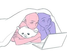 a man and woman laying in bed with a laptop