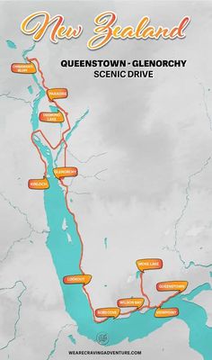 the new zealand road map is shown in orange and white, with several destinations marked on it