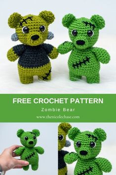 two crocheted teddy bears are shown with the text free crochet pattern