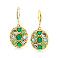 Ross-Simons - Multi-Gemstone Floral Drop Earrings in 18kt Gold Over Sterling. Boasting a lush palette of fresh green hues, these artsy drop earrings embrace floral inspiration. Featuring 1.30 ct. t. w. round emeralds, 3x5mm oval green agate, 3x5mm oval green aventurine, 4mm triangular green chalcedony and 4mm round gray labradorite. Finely crafted in textured and polished 18kt yellow gold over sterling silver. Hanging length is 1 3/8". Leverback, multi-gemstone floral drop earrings. Emerald birt Green Natural Stones Fusion Earrings, Green Fusion Earrings With Natural Stones, Fusion Green Earrings With Natural Stones, Green Natural Stone Fusion Earrings, Green Multi-stone Drop Earrings, Green Multi-stone Earrings For Anniversary, Green Emerald Multi-stone Earrings, Green Multi-stone Sterling Silver Earrings, Green Gemstone Accented Fine Jewelry Earrings