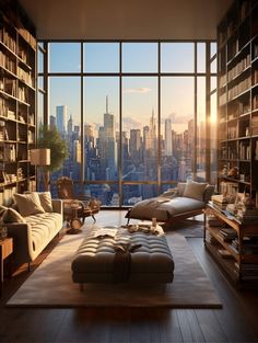 a living room filled with lots of furniture and bookshelves next to large windows