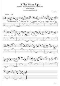 killer warm ups sheet music for guitar with notes and tabs on the left side