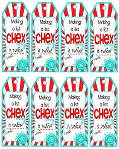 six matching chex tags with the words making a list and it's twice