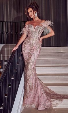 Portia and Scarlett PS23306 Dress - FOSTANI Gold Couture Gown, Dresses With Feathers, Gold Couture, Rose Gold Prom Dress, Portia And Scarlett, Scarlett Dresses, Couture Gown, Off Shoulder Gown, Exquisite Gowns