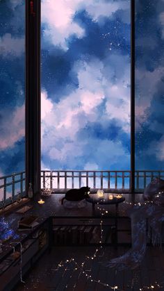 a cat is sitting on a window sill looking out at the stars and clouds