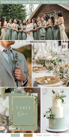 a collage of wedding photos with green and gold