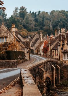 an old village with stone buildings and cobblestone roads in autumn time, surrounded by trees