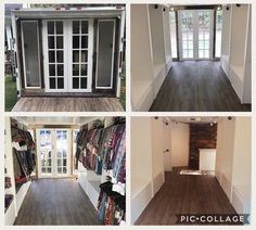 several pictures of the inside of a house with wood floors and doors, windows, and other items on display