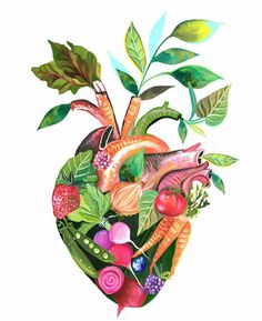 a drawing of a human heart made up of vegetables and fruits, including carrots