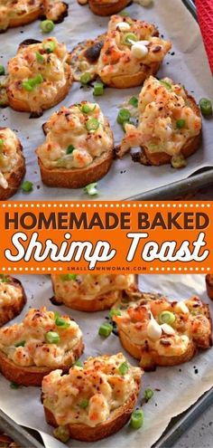 homemade baked shrimp toast on a baking sheet with the title overlay reading homemade baked shrimp toast