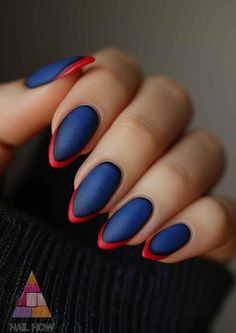 Red And Teal Nail Designs, Royal Blue And Red Nails, Navy Ombre Nails Dark Blue, Blue And Red Nails Ideas, Royal Blue Nail Art Design, Navy And Red Nails, Blue And Red Nails Designs, Different Coloured Nails, Red And Blue Nails Design