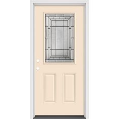 a white door with a glass window on the top and bottom panel, against a white background