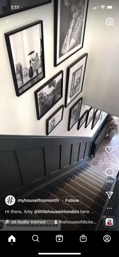 the stairs are decorated with black and white pictures