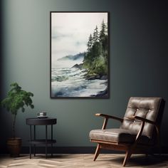 a chair and table in a room with a painting on the wall next to it