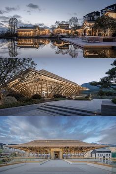 three different views of the building and its surroundings