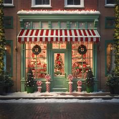 a store front decorated for christmas with candy canes