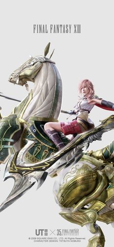 an anime character riding on the back of a horse with two swords in her hand