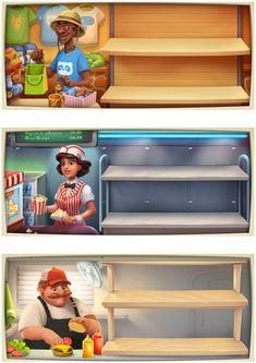 three different pictures of people in an open refrigerator