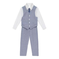 Keep him looking so sharp in Van Heusen with this boys' shirt, vest, tie and pants set. Keep him looking so sharp in Van Heusen with this boys' shirt, vest, tie and pants set. 4-piece set includes: shirt, vest, pants & tie Shirt: button front, long sleeves, striped details Vest: v-neck, sleeveless, button closure, 2 pockets Pants: poplin style Coordinating tieFABRIC & CARE Cotton, polyester Machine wash Imported Size: 12 Months. Color: Med Blue. Gender: male. Age Group: toddler. Boys Vans, Tie Pants, Baby Size Chart, Toddler Size Chart, Pockets Pants, Tie Shirt, Shirt Tie, Shirt Vest, Boys Shirt