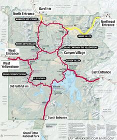 a map of the west entrance and canyons in yellowstone national park, with red lines indicating where to go