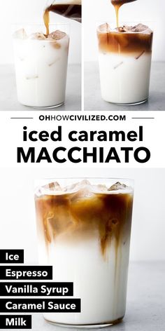 iced caramel macchato is being poured into a glass with ice and syrup