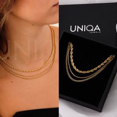 "This Listing includes 3 chain necklaces: Rope necklace 3mm : 14.5\"+2\" extender Round snake necklace: 16\" +2\" extender Curb Necklace: 16\"+2\" extender * Made with full gold pigmented stainless steel for a waterproof wear * Coated with a tick layer of 18k real gold - PVD coating technique My necklaces have 5x layers of solid 18k gold with PVD technique of plating, and are 100 times more resistant than traditional methods of gold plating over sterling silver * Tarnish RESISTANT * NEVER CHANGE THE COLOR GREEN OR GREY * NICKEL & LEAD FREE - * HYPOALLERGENIC and safe for sensitive skins. --------------------------------- * SEE OUR NECKLACES: https://www.etsy.com/shop/UNIQAJEWELS?ref=seller-platform-mcnav&search_query=necklaces --------------------------------- ► ABOUT PVD PLATING: With my Gold-tone Tarnish Resistant Snake Chain Jewelry, Gold-plated Tarnish Resistant Snake Chain Necklace, Formal Gold Tarnish-resistant Rope Chain Necklace, Gold-tone Metal Snake Chain Necklace, Luxury Gold-plated Rope Chain Necklace, Gold Rope Chains, Snake Necklace, Gold Necklace Layered, Rope Necklace