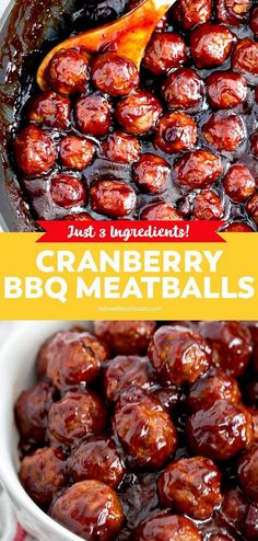 cranberry bbq meatballs in a white bowl with text overlay that says just 3 ingredients