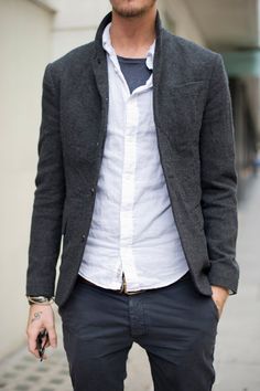 Great style! Charcoal Blazer, Style Masculin, White Long Sleeve Shirt, John Varvatos, Well Dressed Men, Men Looks