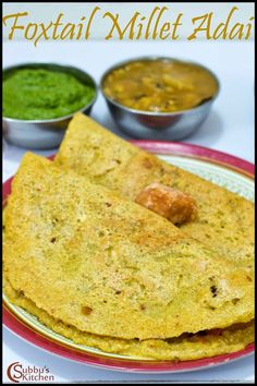 some food is sitting on a plate next to bowls and sauces with the words foxtail millet alai