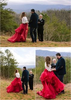 a man and woman in red dress standing next to each other on top of a hill