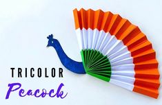 an orange, white and green paper fan with the words tricolor peacock on it