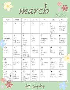 the march calendar with flowers on it