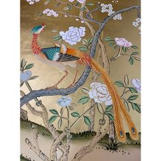 a painting of two peacocks sitting on a tree branch