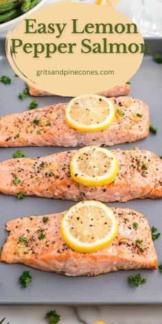 three salmon fillets with lemons and parsley on top