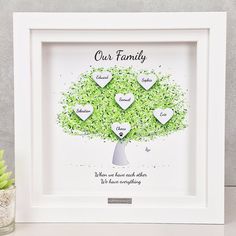 a family tree with hearts on it and the words our family written in white frame