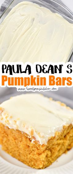 pumpkin bars with cream cheese frosting are sitting on a white plate next to a pan