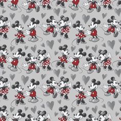 mickey and minnie mouses with hearts on a gray background for fabric or wallpaper