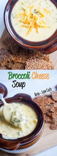 broccoli cheese soup in a bowl with crackers on the side and an image of