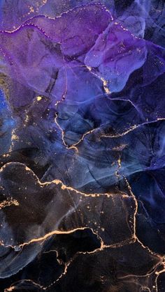 an abstract painting with blue, purple and gold colors on the bottom half of it