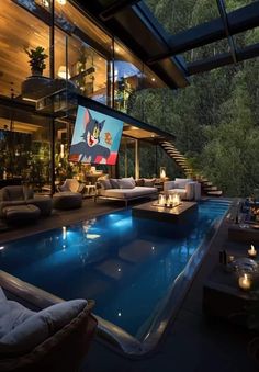 an indoor swimming pool with lounge chairs and candles