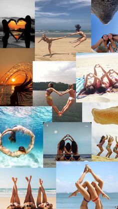 many different pictures of people on the beach with their hands in the shape of heart