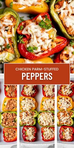 chicken parm - stuffed peppers with cheese and other toppings in the bottom row