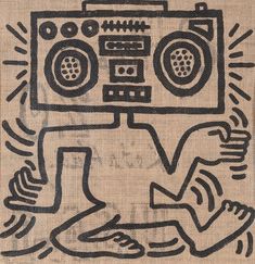 a drawing of a person sitting in front of a radio on top of a piece of paper