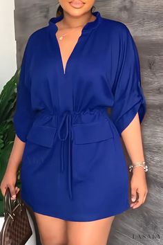 Lasaky - Elegant and Versatile Black Solid Drawstring V-Neck Skirt Dress with Flattering Waist Design Blue A Line Dress Short, Hot Gowns, Classy Short Dresses, Chic Dress Classy, 2piece Outfits, Short African Dresses, Short Gowns, Dress Classy, Design Dresses