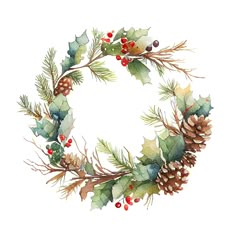 a watercolor christmas wreath with holly, pine cones and berries