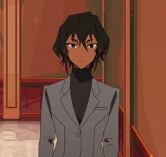 an anime character in a suit and turtle neck sweater standing next to a staircase with red walls