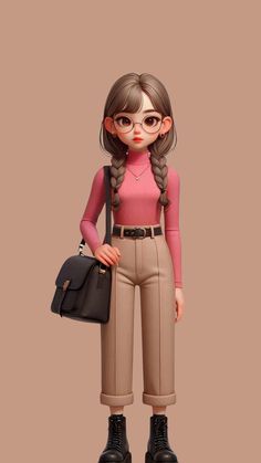 a cartoon girl with glasses holding a purse