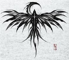 a black and white drawing of a bird with large feathers on it's wings