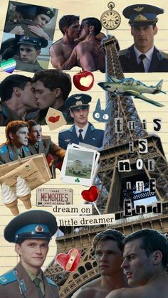 the collage has pictures of people in uniform and on top of each other, including an eiffel tower