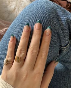 nails, nail inspo Coloured French Nails Tips Almond, Green French Tips Nails, Dark Green French Tips, Coloured French Nails, Coloured French Nails Tips, French Tips Green, Nails Inspo Short, Dark Green French, Green French Tips